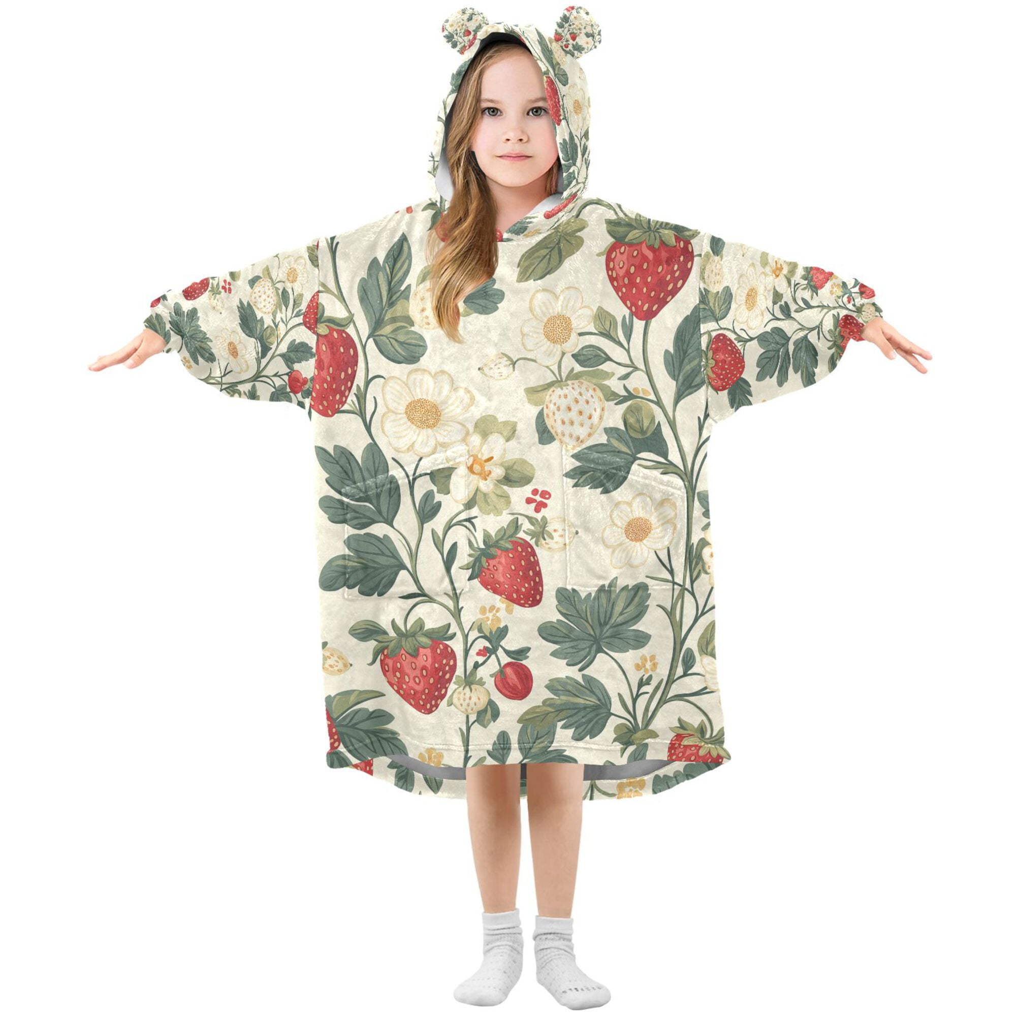 FORMRS Wearable Blanket Hoodie with Sleeves for Kids Cozy Flannel Sweatshirt, Small Strawberry Pattern