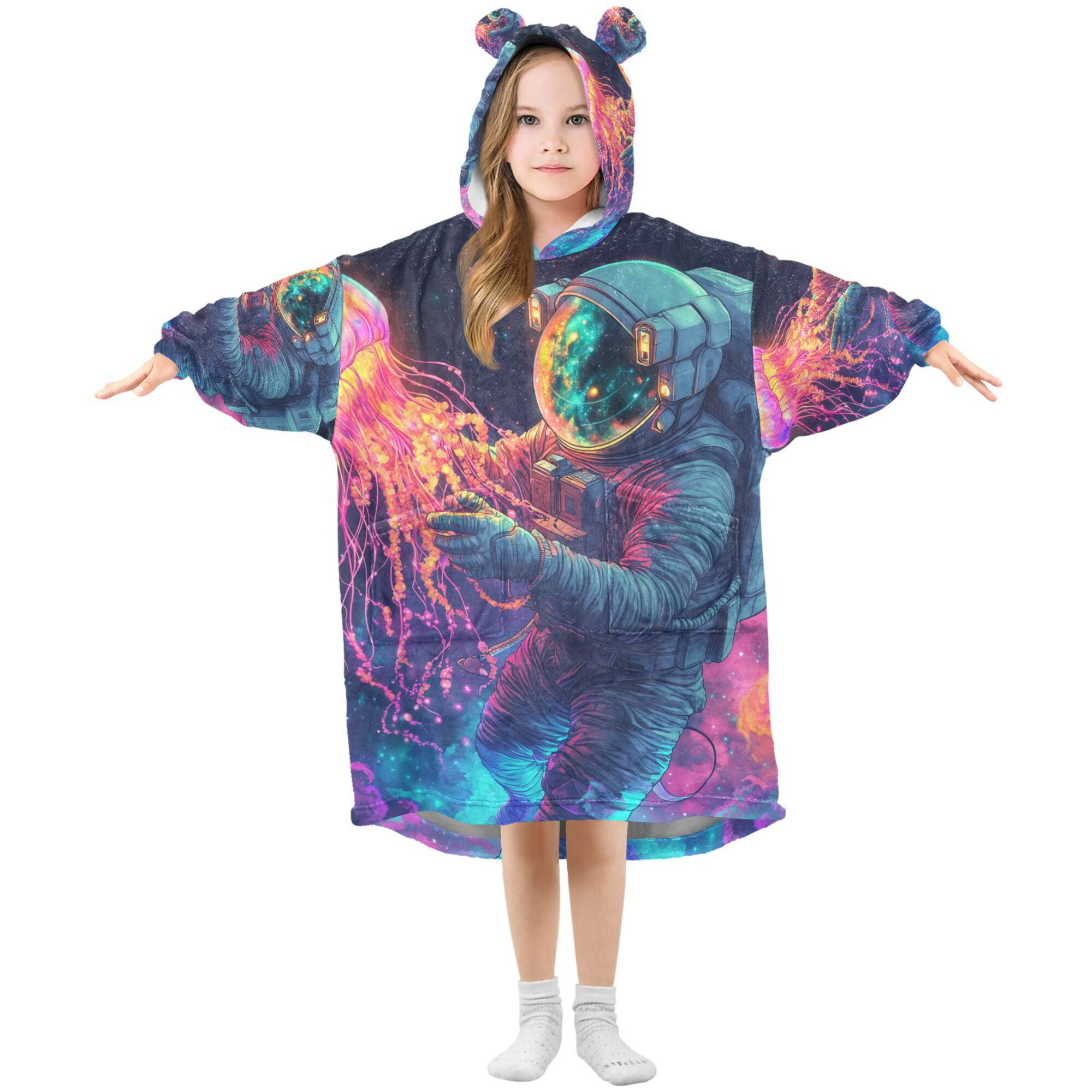 FORMRS Wearable Blanket Hoodie with Sleeves for Kids Cozy Flannel Sweatshirt, Space Astronaut