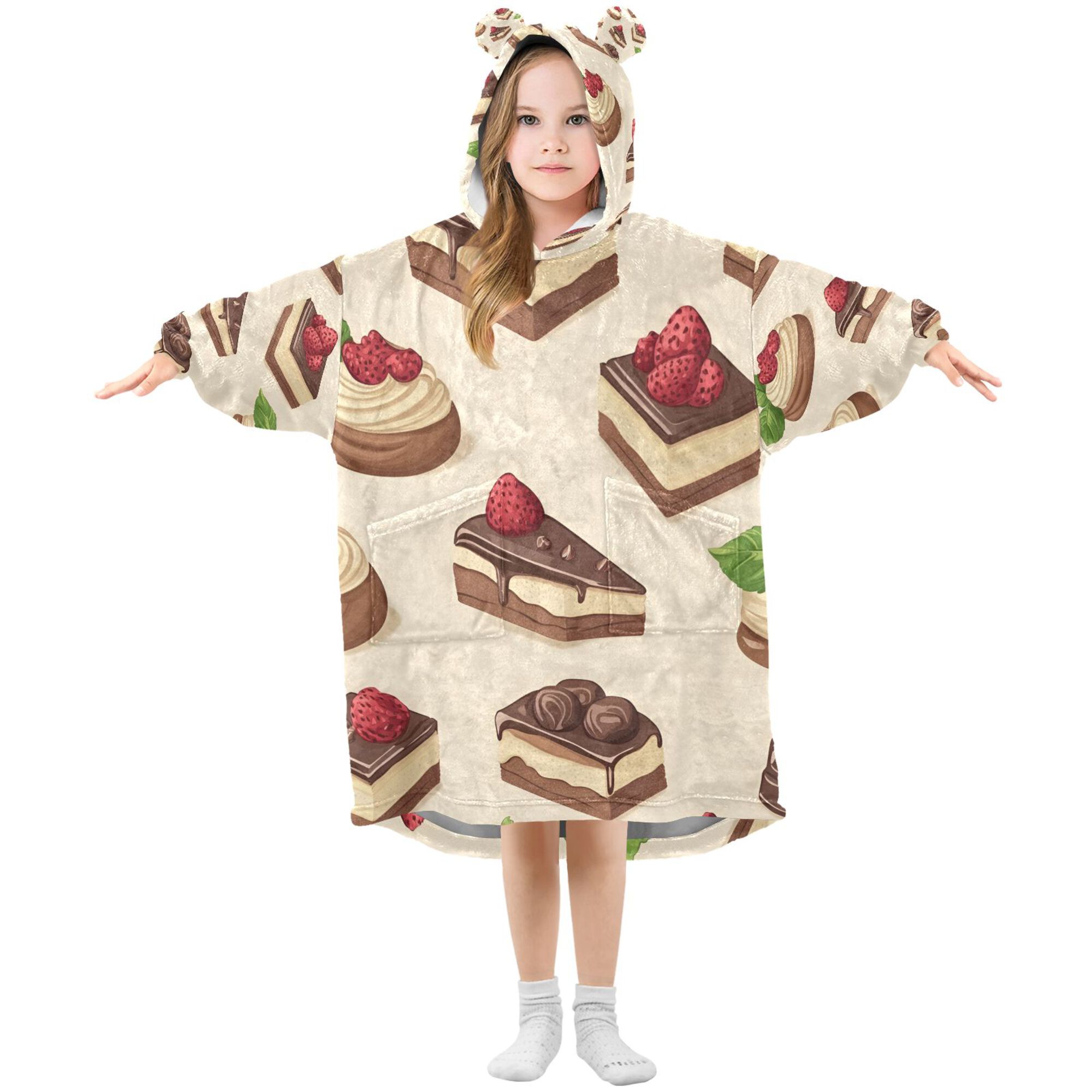 FORMRS Wearable Blanket Hoodie with Sleeves for Kids Cozy Flannel Sweatshirt, Strawberry Cake