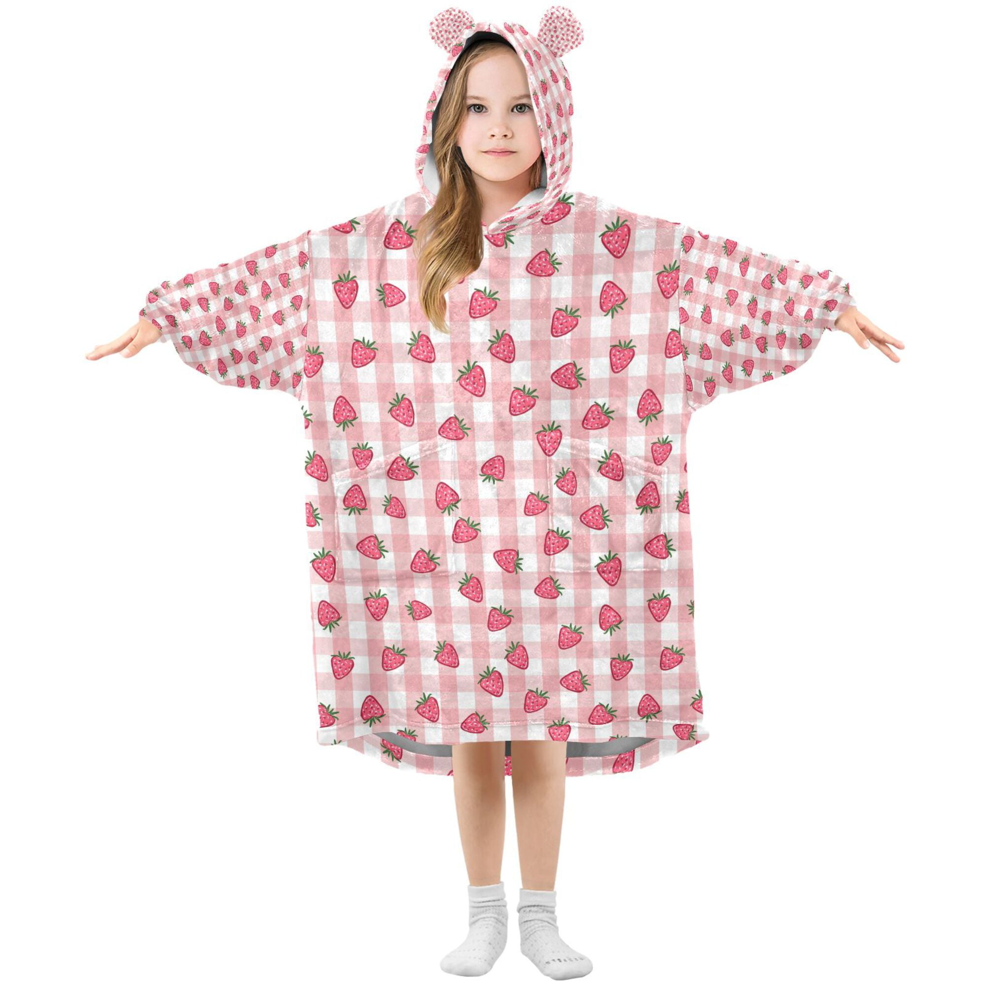 FORMRS Wearable Blanket Hoodie with Sleeves for Kids Cozy Flannel Sweatshirt, Strawberry Plaid Pattern