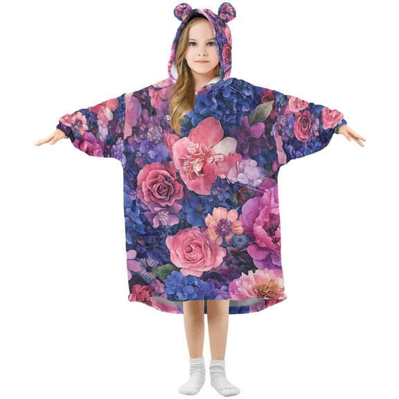FORMRS Wearable Blanket Hoodie with Sleeves for Kids Cozy Flannel Sweatshirt, Vibrant Art Flowers