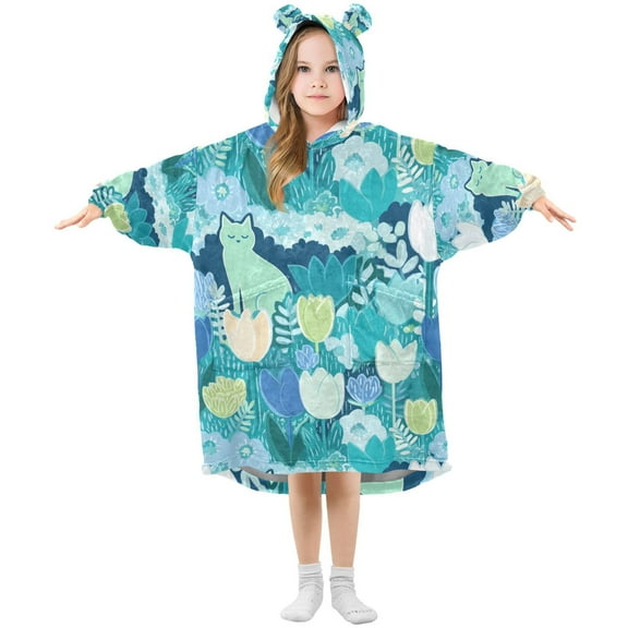 FORMRS Wearable Blanket Hoodie with Sleeves for Kids Cozy Flannel Sweatshirt, Vibrant Cat Pattern