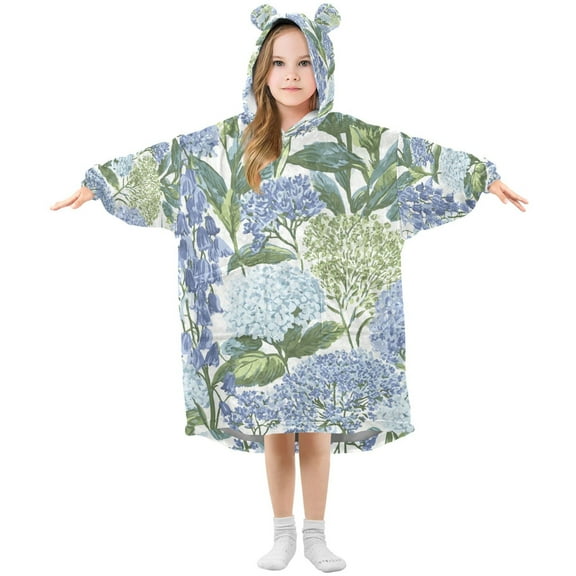 FORMRS Wearable Blanket Hoodie with Sleeves for Kids Cozy Flannel Sweatshirt, Vibrant Hydrangeas Pattern