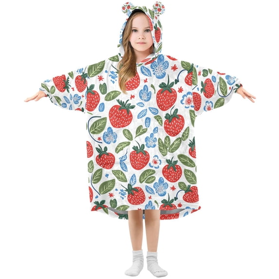FORMRS Wearable Blanket Hoodie with Sleeves for Kids Cozy Flannel Sweatshirt, Vibrant Strawberries