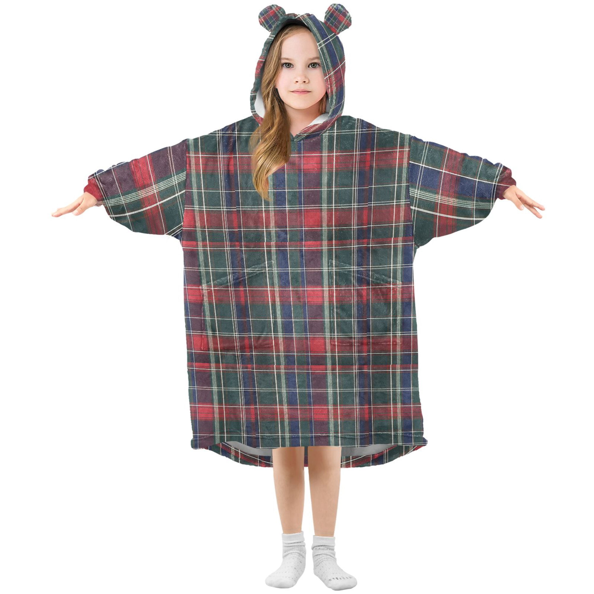 FORMRS Wearable Blanket Hoodie with Sleeves for Kids Cozy Flannel Sweatshirt, Warm Tartan Mosaic