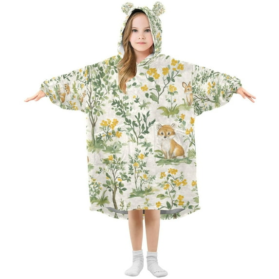 FORMRS Wearable Blanket Hoodie with Sleeves for Kids Cozy Flannel Sweatshirt, Watercolor Animals Pattern