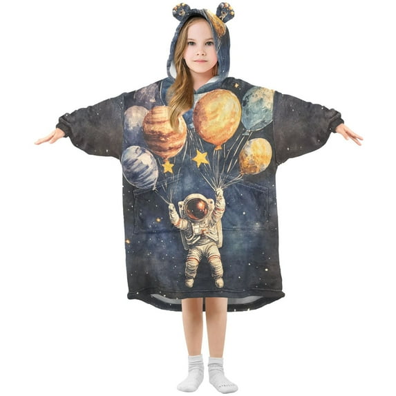FORMRS Wearable Blanket Hoodie with Sleeves for Kids Cozy Flannel Sweatshirt, Watercolor Astronaut