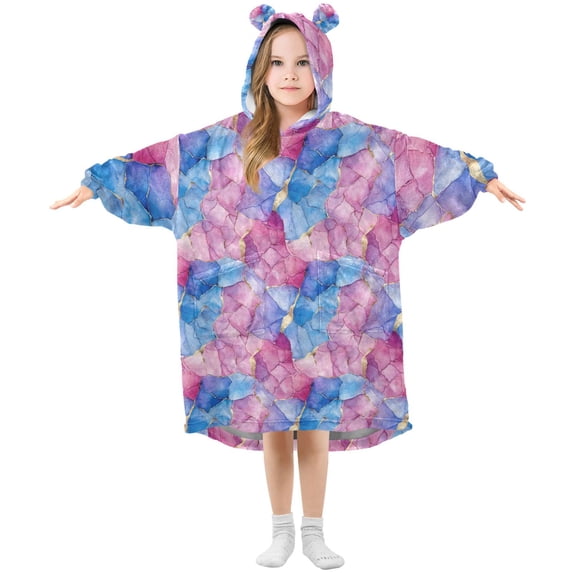 FORMRS Wearable Blanket Hoodie with Sleeves for Kids Cozy Flannel Sweatshirt, Watercolor Blue Marble Pattern