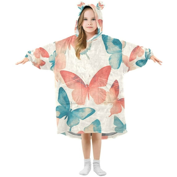 FORMRS Wearable Blanket Hoodie with Sleeves for Kids Cozy Flannel Sweatshirt, Watercolor Butterflies