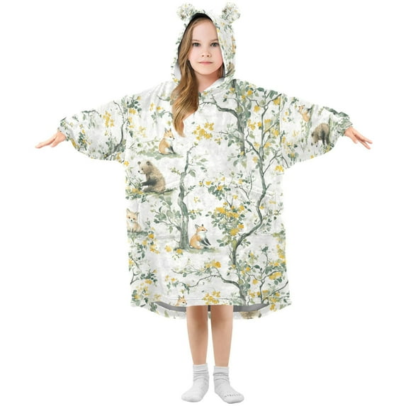 FORMRS Wearable Blanket Hoodie with Sleeves for Kids Cozy Flannel Sweatshirt, Watercolor Forest Animals