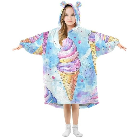 FORMRS Wearable Blanket Hoodie with Sleeves for Kids Cozy Flannel Sweatshirt, Watercolor Ice Cream Pattern