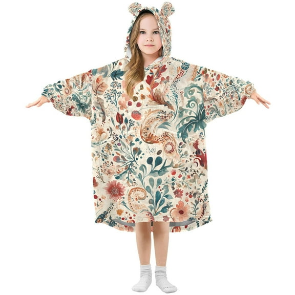 FORMRS Wearable Blanket Hoodie with Sleeves for Kids Cozy Flannel Sweatshirt, Watercolor Leaves
