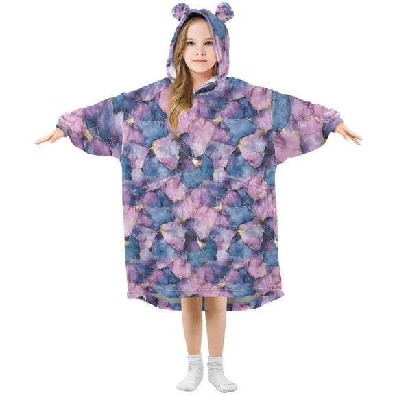 FORMRS Wearable Blanket Hoodie with Sleeves for Kids Cozy Flannel Sweatshirt, Watercolor Pink Marble Pattern