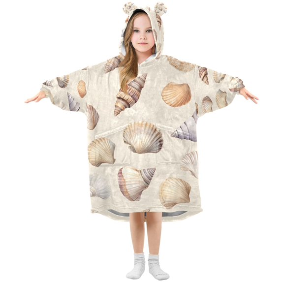 FORMRS Wearable Blanket Hoodie with Sleeves for Kids Cozy Flannel Sweatshirt, Watercolor Seashells