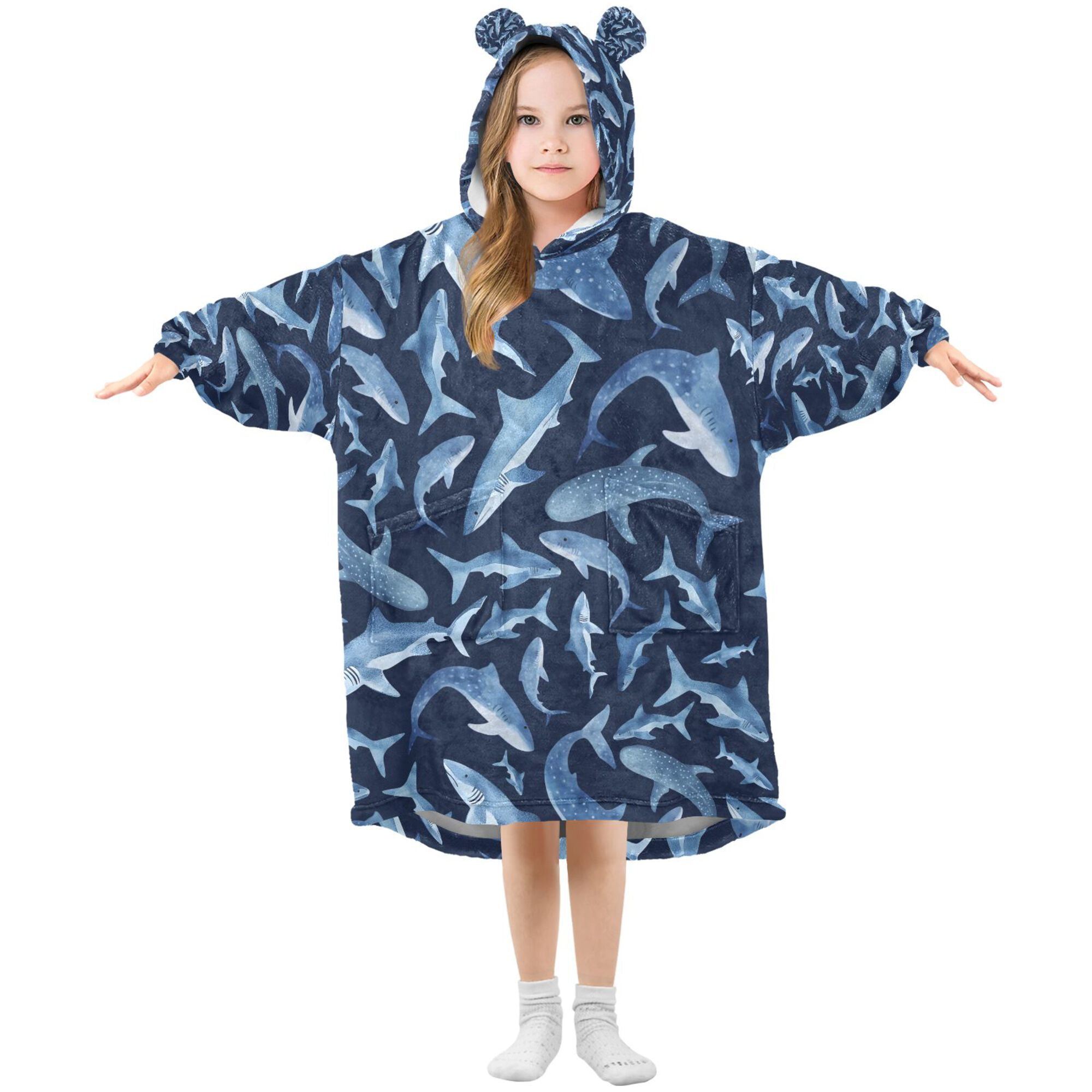 FORMRS Wearable Blanket Hoodie with Sleeves for Kids Cozy Flannel Sweatshirt, Watercolor Shark Pattern