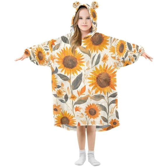 FORMRS Wearable Blanket Hoodie with Sleeves for Kids Cozy Flannel Sweatshirt, Watercolor Sunflowers and Leaves