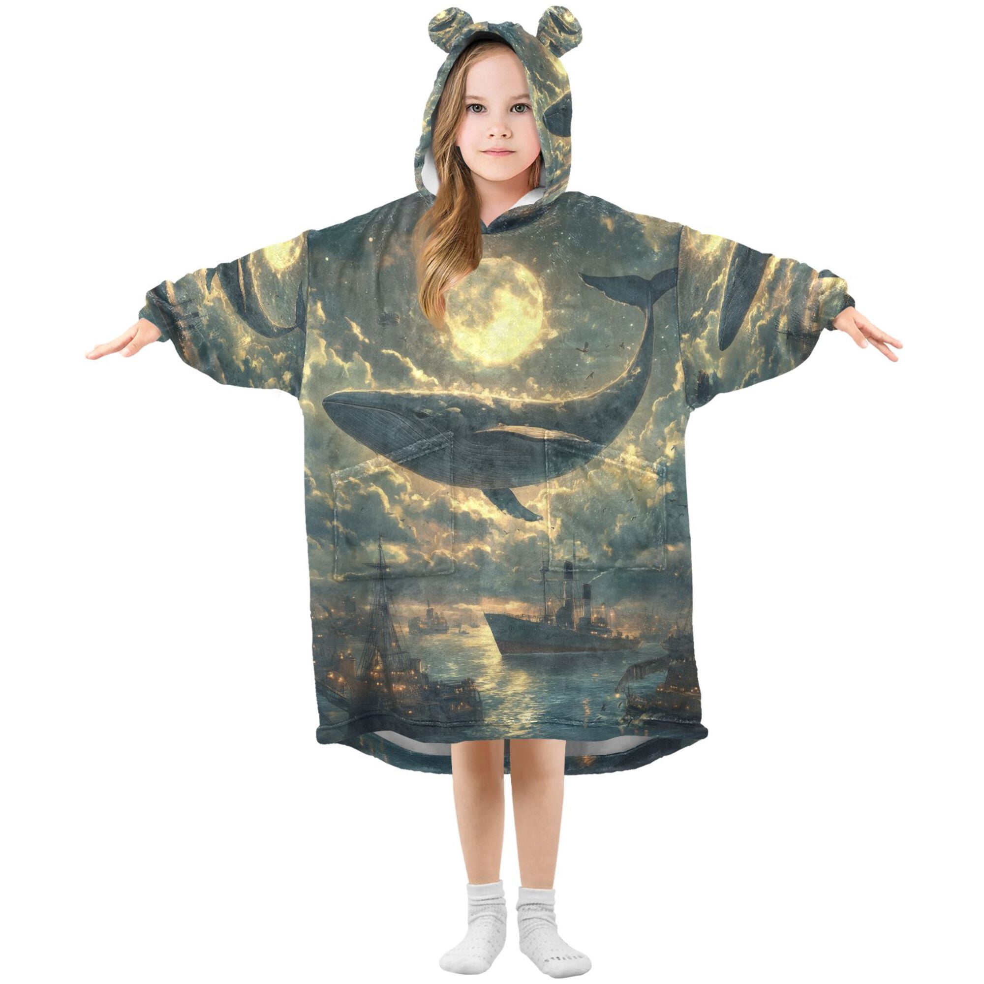 FORMRS Wearable Blanket Hoodie with Sleeves for Kids Cozy Flannel Sweatshirt, Whale and Moon