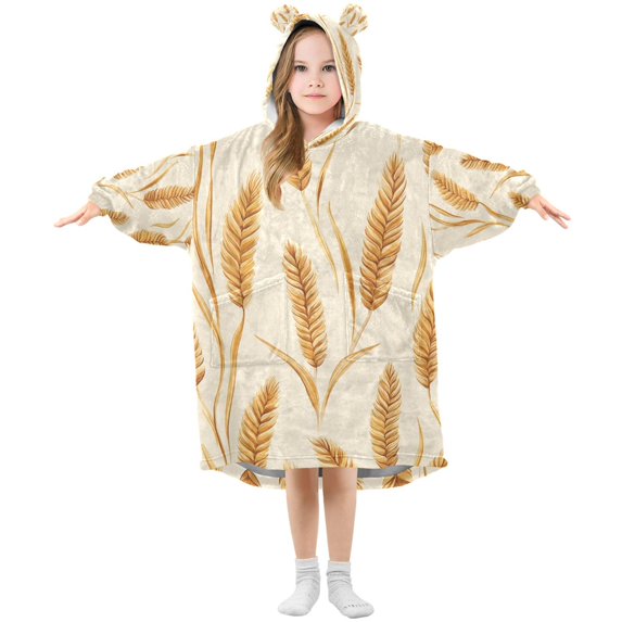 FORMRS Wearable Blanket Hoodie with Sleeves for Kids Cozy Flannel Sweatshirt, Wheat Ears Pattern