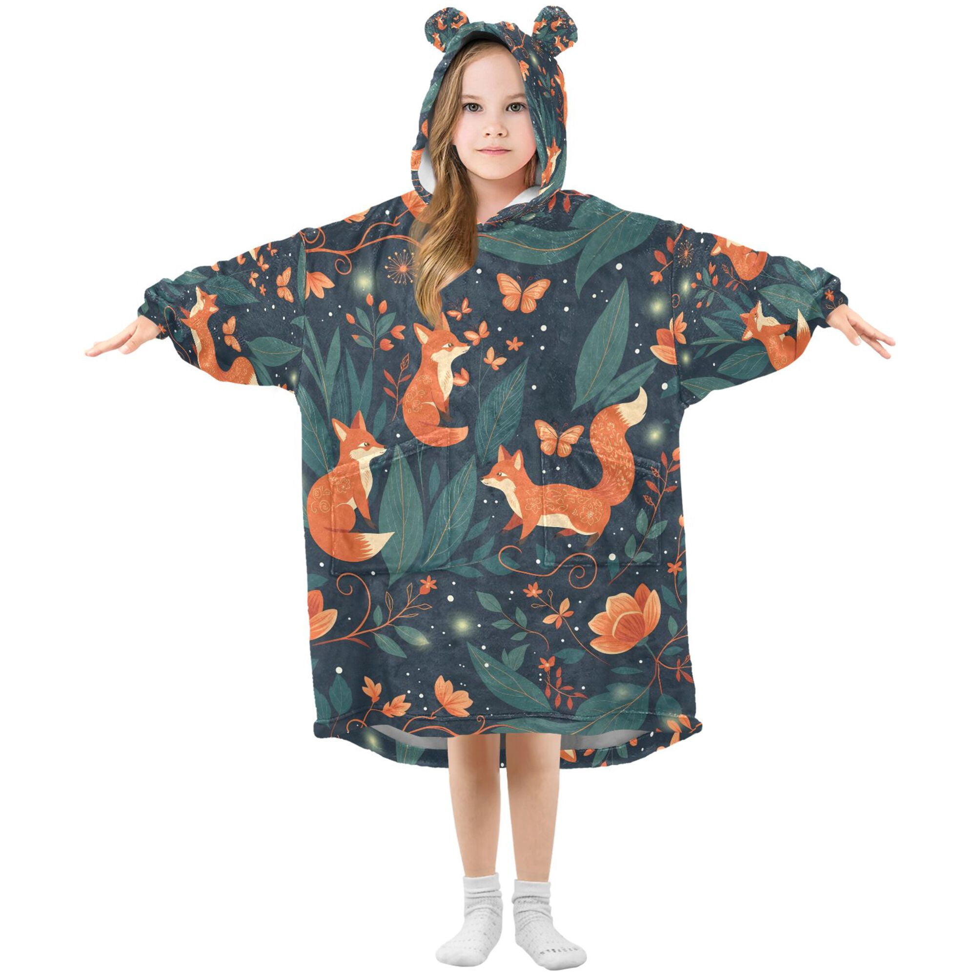 FORMRS Wearable Blanket Hoodie with Sleeves for Kids Cozy Flannel Sweatshirt, Whimsical Foxes Pattern