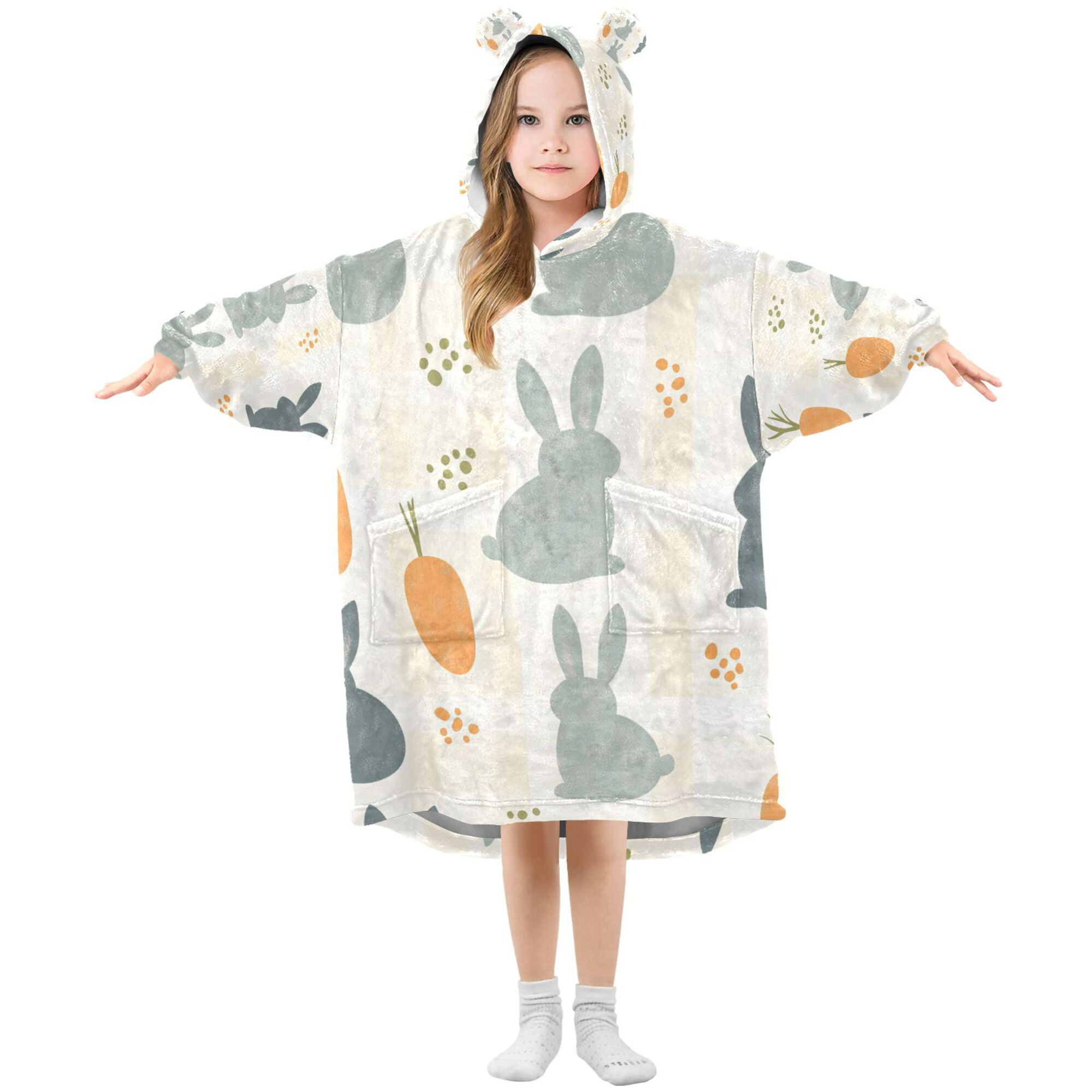 FORMRS Wearable Blanket Hoodie with Sleeves for Kids Cozy Flannel Sweatshirt, Whimsical Rabbits