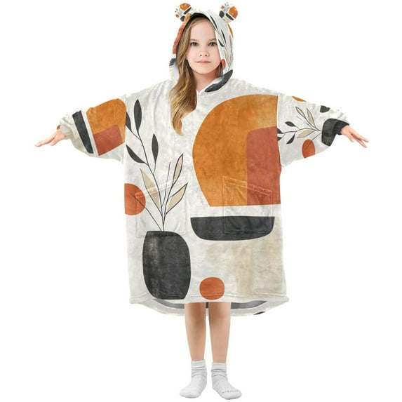 FORMRS Wearable Blanket Hoodie with Sleeves for Kids Cozy Flannel Sweatshirt, White Abstract Shapes