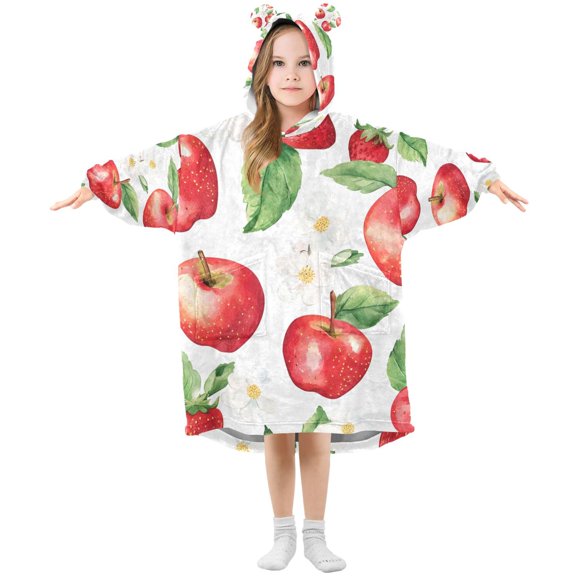 FORMRS Wearable Blanket Hoodie with Sleeves for Kids Cozy Flannel Sweatshirt, White Apple Pattern