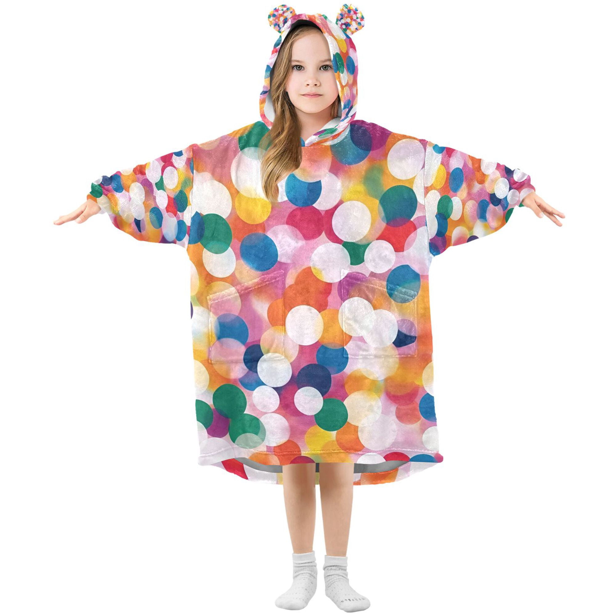 FORMRS Wearable Blanket Hoodie with Sleeves for Kids Cozy Flannel Sweatshirt, White Colorful Circles