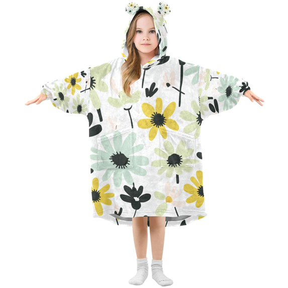 FORMRS Wearable Blanket Hoodie with Sleeves for Kids Cozy Flannel Sweatshirt, White Flower