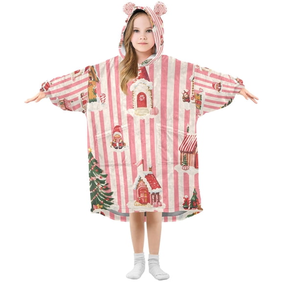 FORMRS Wearable Blanket Hoodie with Sleeves for Kids Cozy Flannel Sweatshirt, White Gingerbread Houses