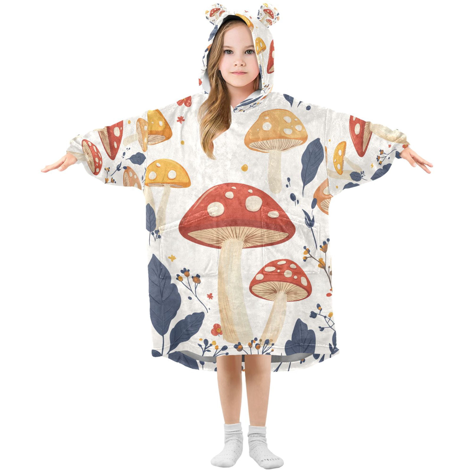 FORMRS Wearable Blanket Hoodie with Sleeves for Kids Cozy Flannel Sweatshirt, White Mushroom