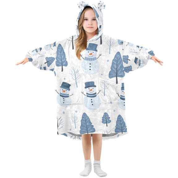 FORMRS Wearable Blanket Hoodie with Sleeves for Kids Cozy Flannel Sweatshirt, White Snowman