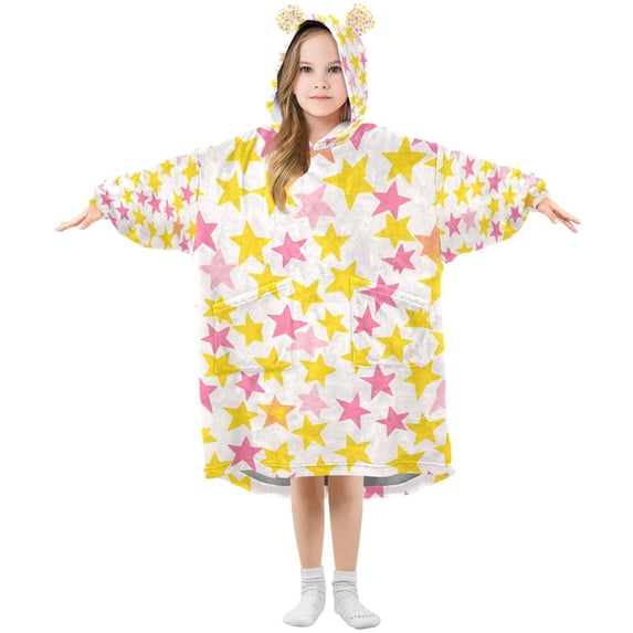 FORMRS Wearable Blanket Hoodie with Sleeves for Kids Cozy Flannel Sweatshirt, White Stars Pattern