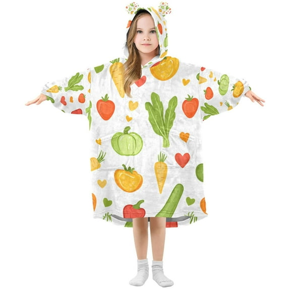 FORMRS Wearable Blanket Hoodie with Sleeves for Kids Cozy Flannel Sweatshirt, White Vegetables Pattern