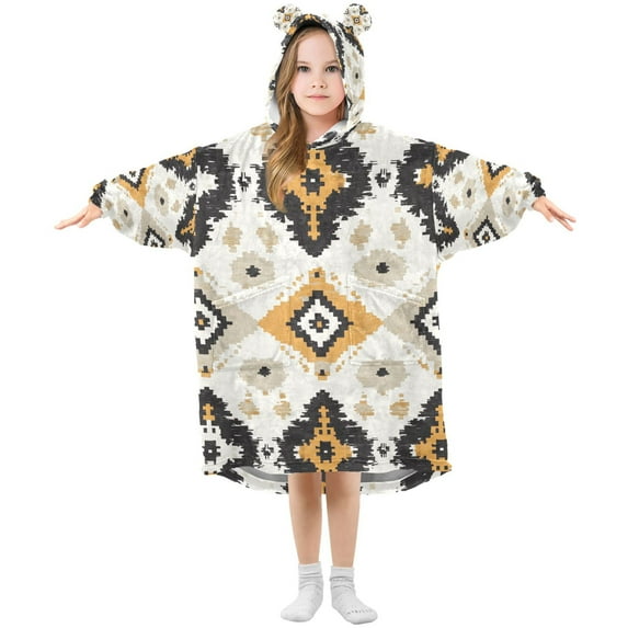 FORMRS Wearable Blanket Hoodie with Sleeves for Kids Cozy Flannel Sweatshirt, White and Black