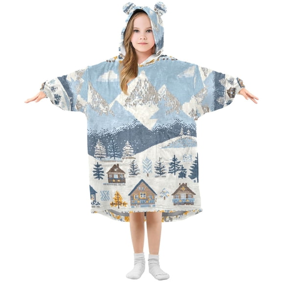 FORMRS Wearable Blanket Hoodie with Sleeves for Kids Cozy Flannel Sweatshirt, Winter Village Serenity