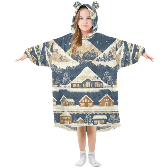 FORMRS Wearable Blanket Hoodie with Sleeves for Kids Cozy Flannel Sweatshirt, Winter Village