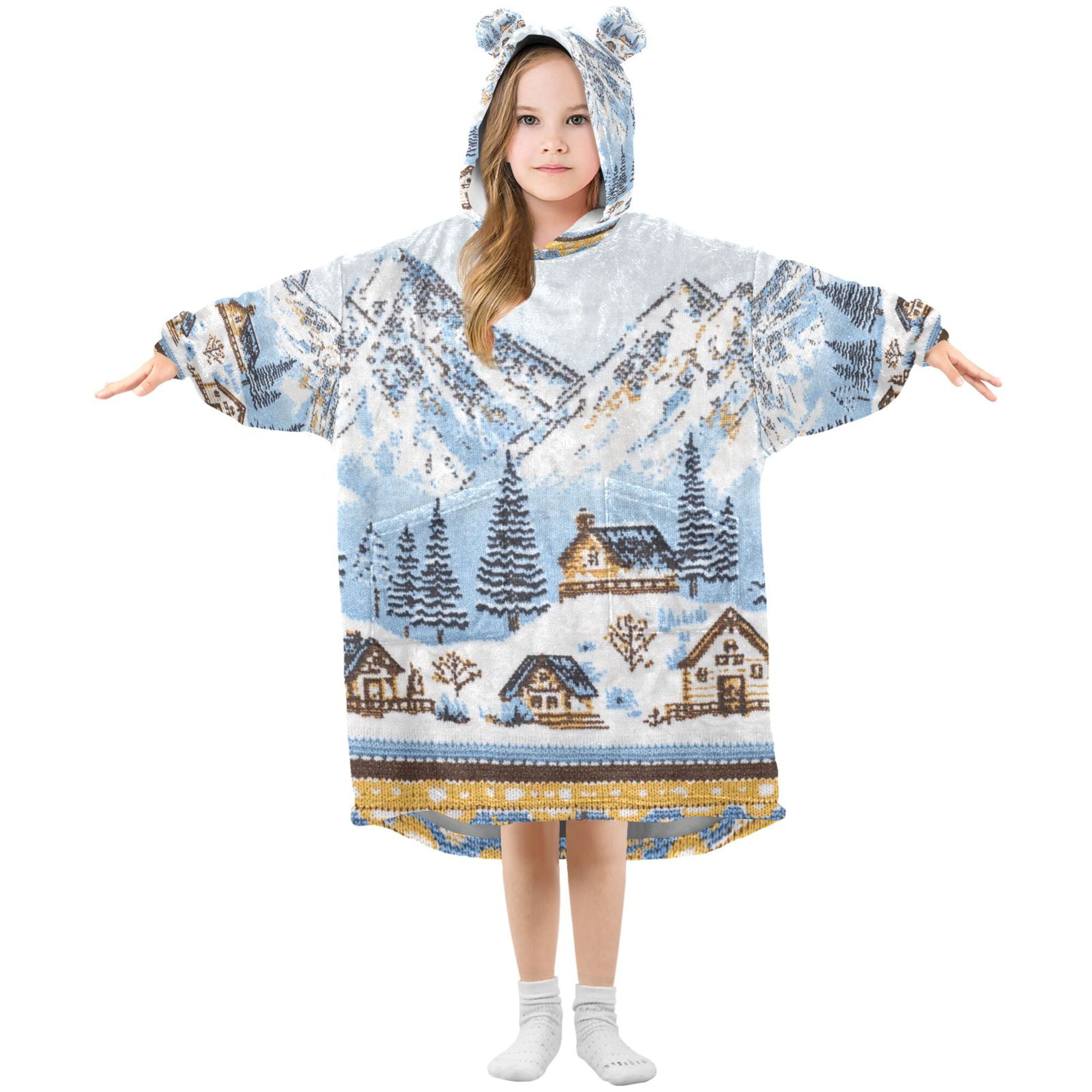 FORMRS Wearable Blanket Hoodie with Sleeves for Kids Cozy Flannel Sweatshirt, Winter Village