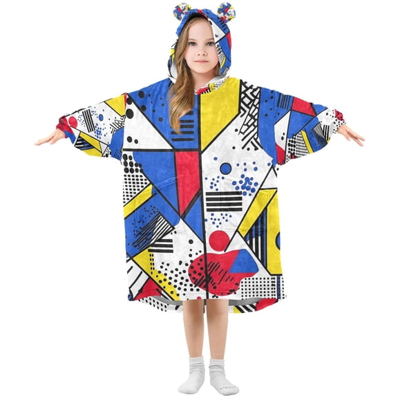 FORMRS Wearable Blanket Hoodie with Sleeves for Kids Cozy Flannel Sweatshirt, Yelllow Simple Shapes