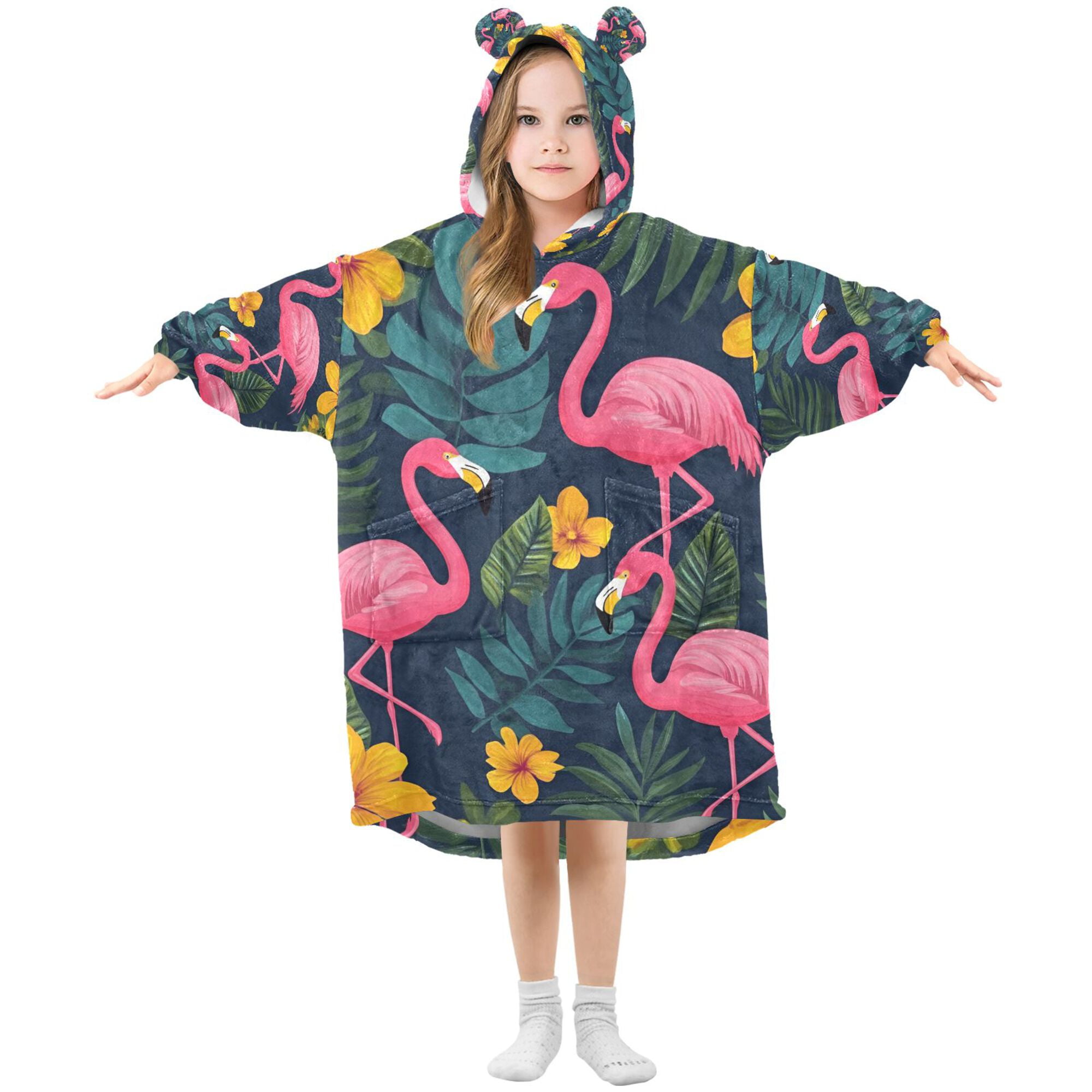 FORMRS Wearable Blanket Hoodie with Sleeves for Kids Cozy Flannel Sweatshirt, Yellow Floral Flamingo