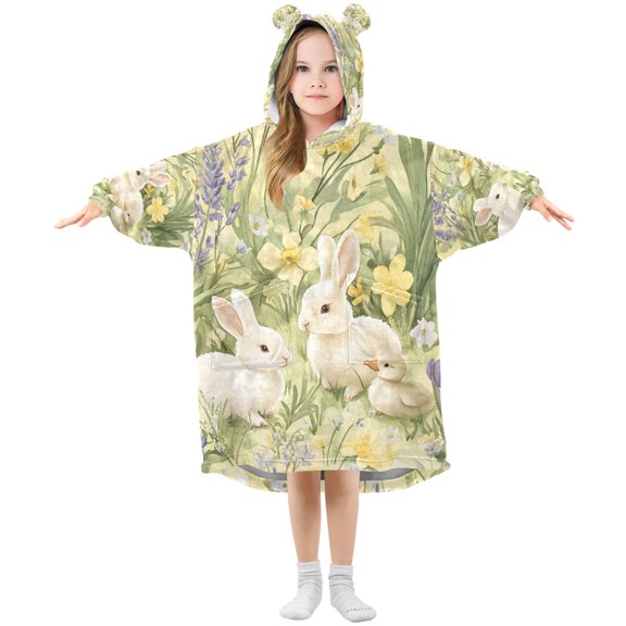 FORMRS Wearable Blanket Hoodie with Sleeves for Kids Cozy Flannel Sweatshirt, Yellow Floral Rabbit