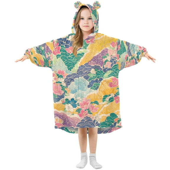 FORMRS Wearable Blanket Hoodie with Sleeves for Kids Cozy Flannel Sweatshirt, Yellow Floral Wave