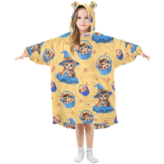 FORMRS Wearable Blanket Hoodie with Sleeves for Kids Cozy Flannel Sweatshirt, Yellow Halloween Cat Pattern