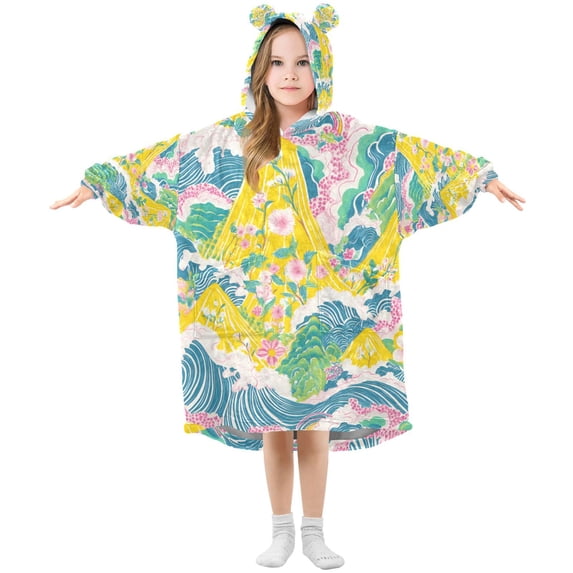 FORMRS Wearable Blanket Hoodie with Sleeves for Kids Cozy Flannel Sweatshirt, Yellow Mountains