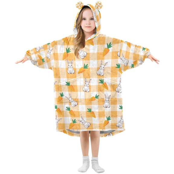 FORMRS Wearable Blanket Hoodie with Sleeves for Kids Cozy Flannel Sweatshirt, Yellow Rabbit Pattern