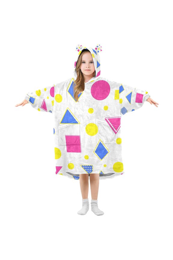 Wearable Blanket Hoodie with Sleeves for Kids Cozy Flannel Sweatshirt, Yellow Retro Round