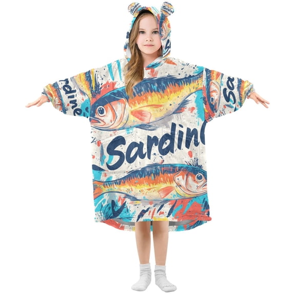 FORMRS Wearable Blanket Hoodie with Sleeves for Kids Cozy Flannel Sweatshirt, Yellow Sardines Pattern