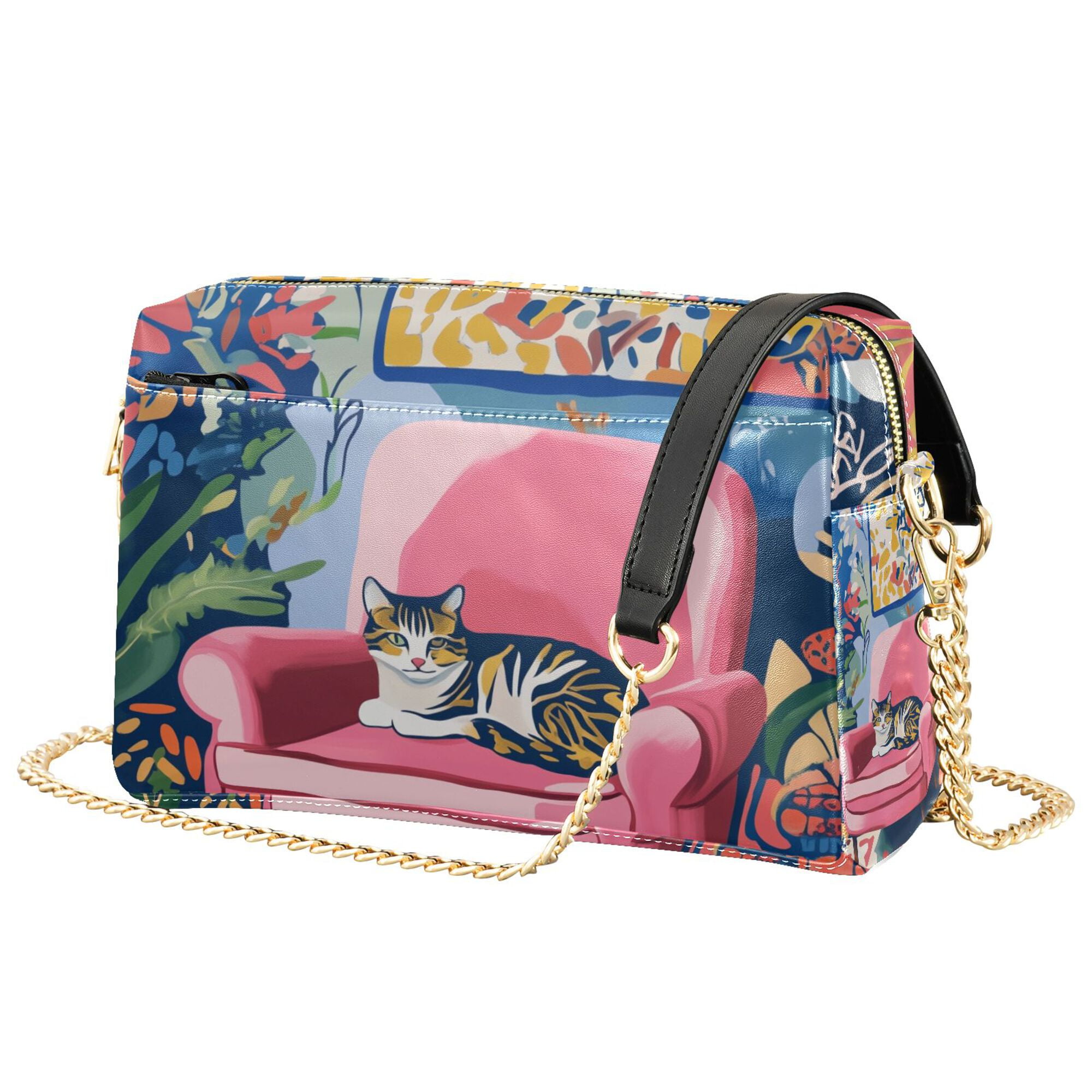 FORMRS Women Crossbody Purse with Chain Strap Vegan Leather Shoulder Handbag, Art Cat