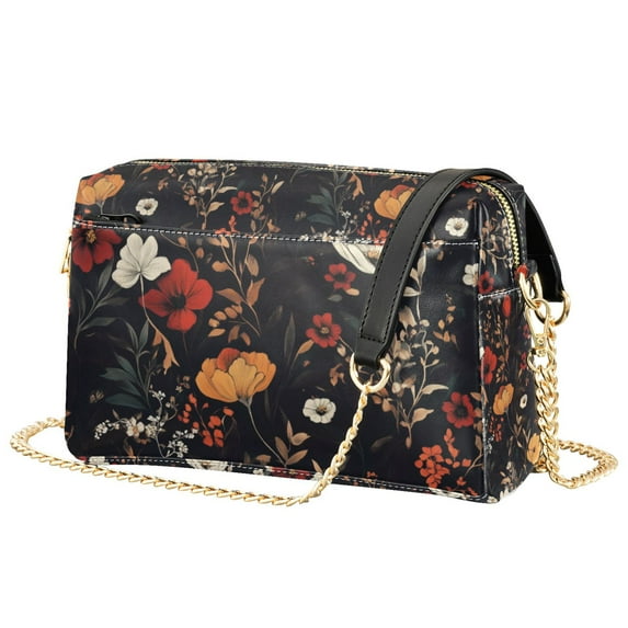FORMRS Women Crossbody Purse with Chain Strap Vegan Leather Shoulder Handbag, Black Floral Pattern