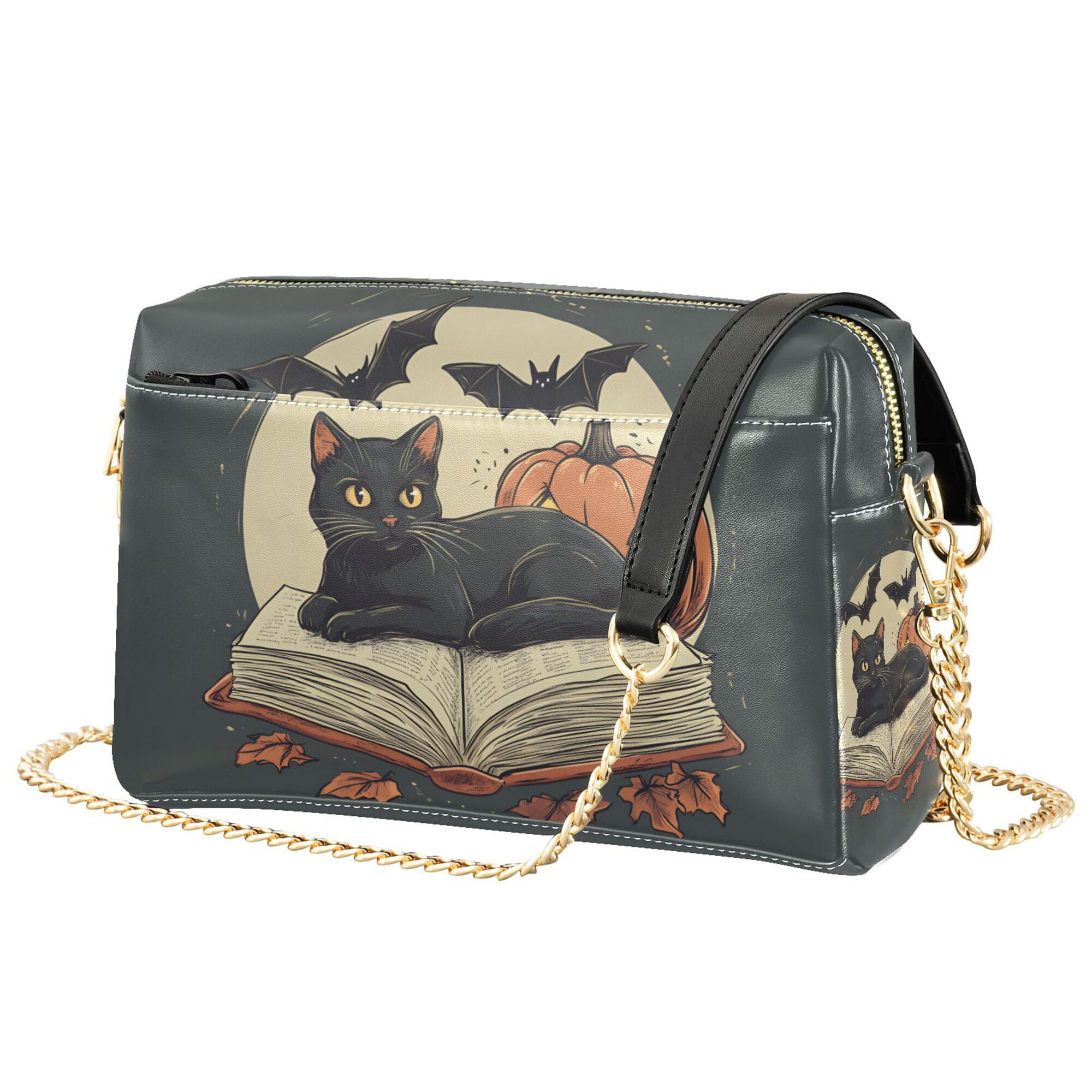 FORMRS Women Crossbody Purse with Chain Strap Vegan Leather Shoulder Handbag, Black Halloween Cat