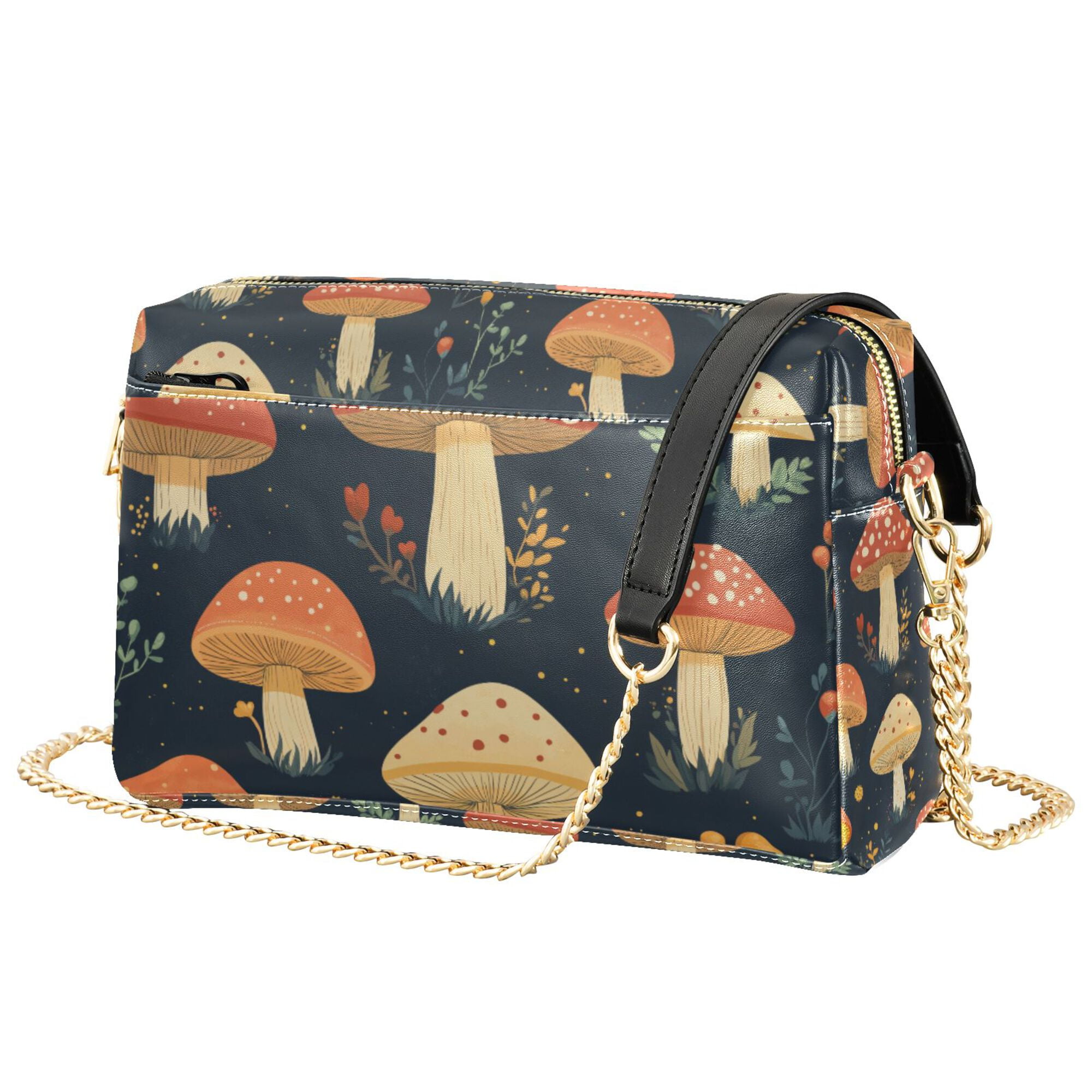 FORMRS Women Crossbody Purse with Chain Strap Vegan Leather Shoulder Handbag, Black Mushroom Pattern